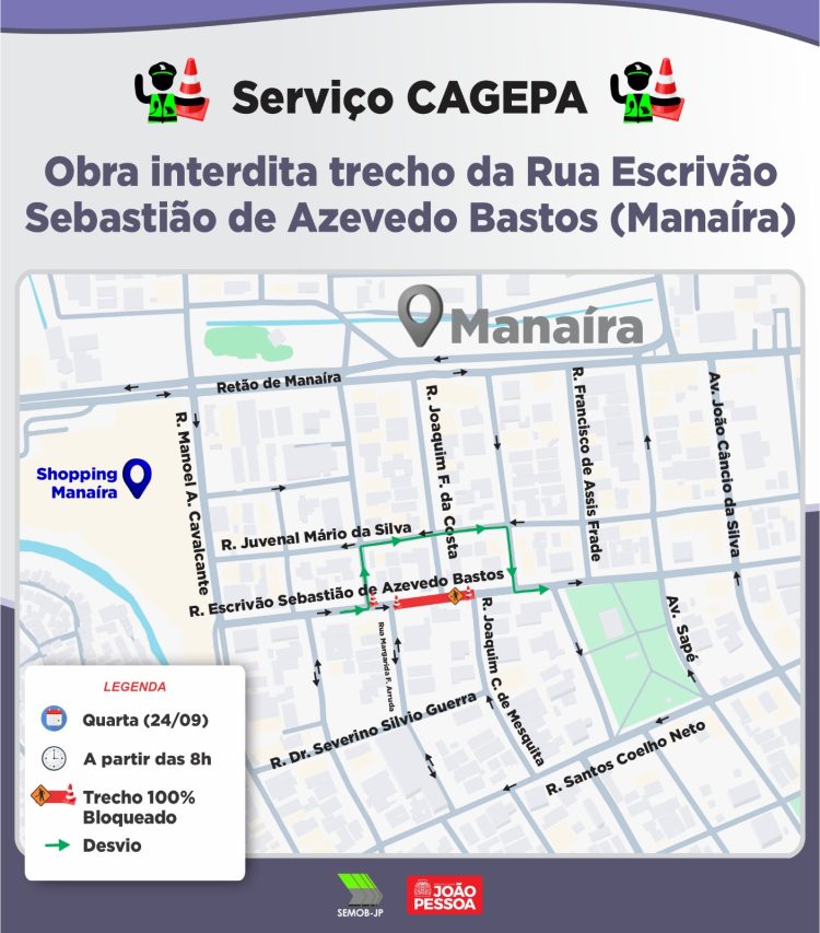 Trânsito em Manaíra terá mudanças devido a interdição temporária nesta quarta